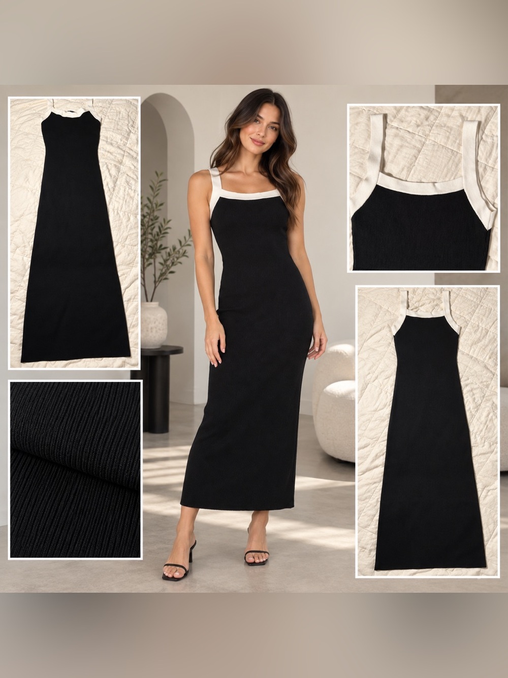 GREY LAB Black White Contrast Trim Square-Neck Ribbed Midi See Measurements XS/S